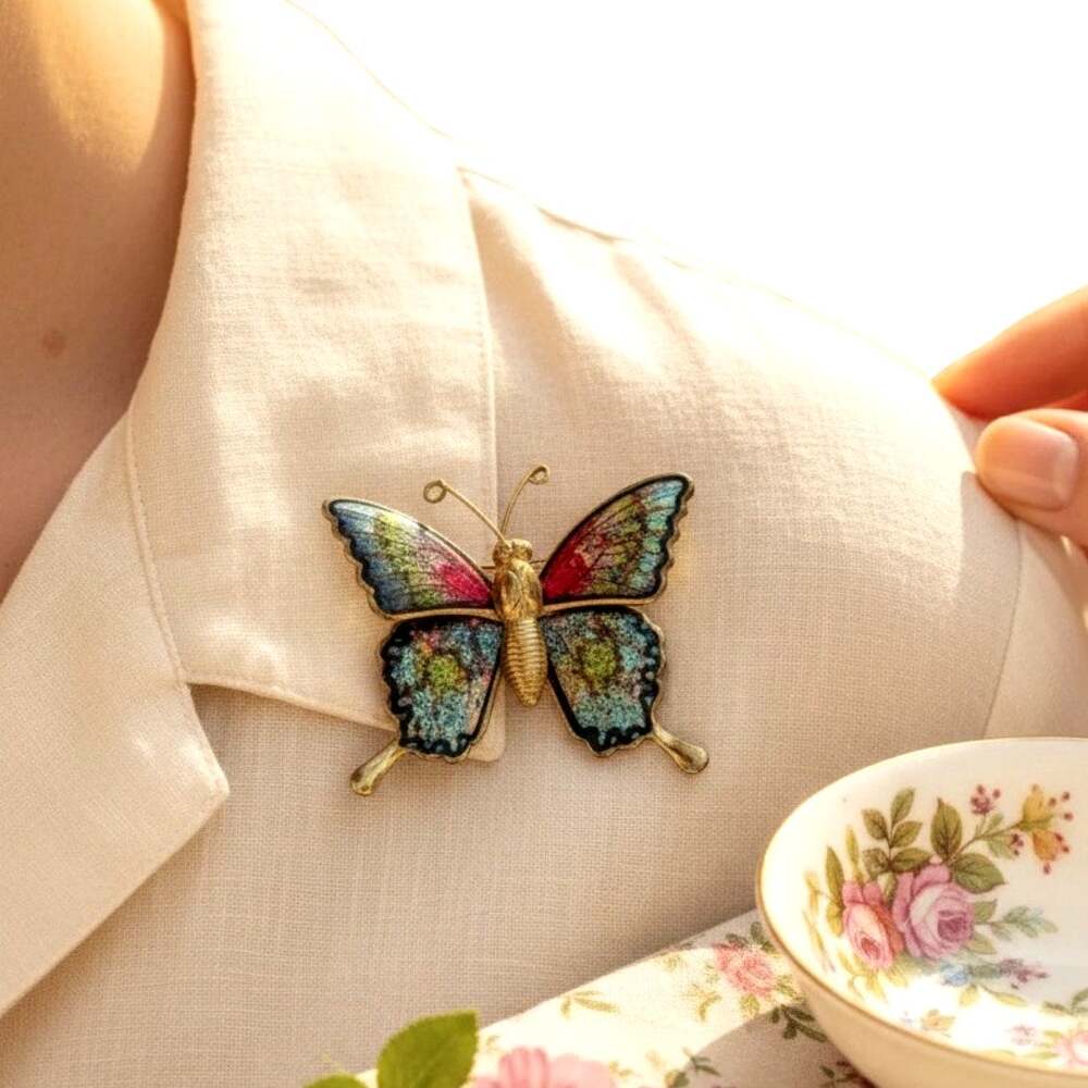 Vintage Interpur Taiwan Butterfly Brooch Pin Confetti Enamel Wings